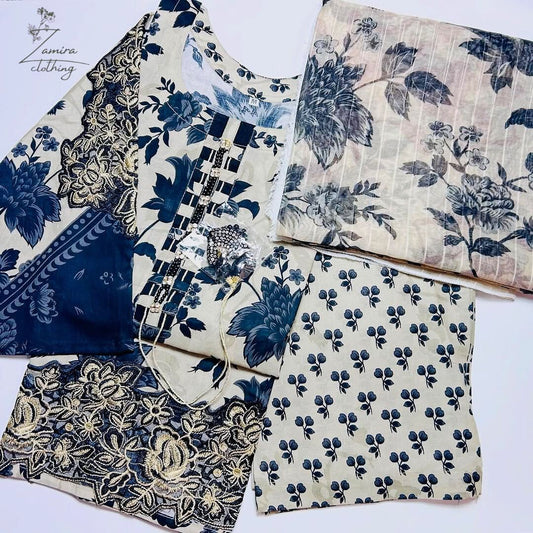 3-Piece Printed Lawn Suit with Embroidered Patches – By Zamaira Clothing